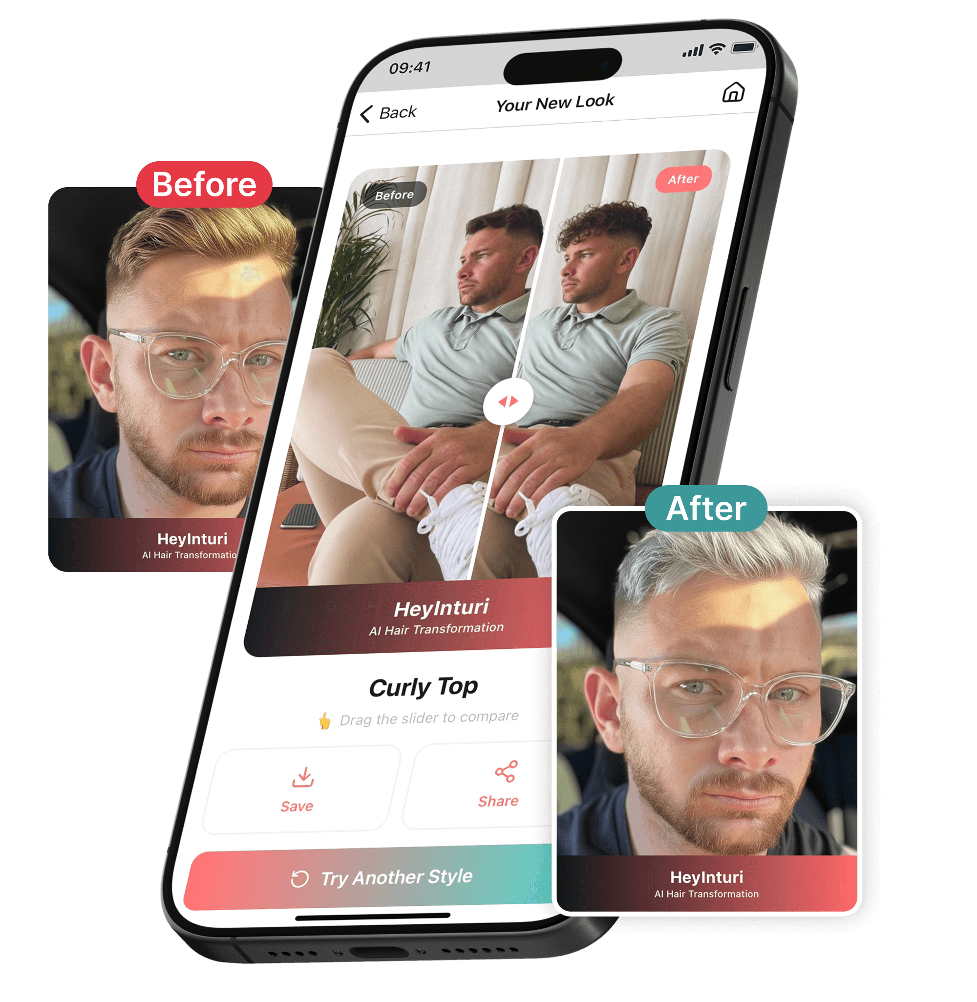HeyInturi app showing an AR hairstyle before-and-after comparison on a phone