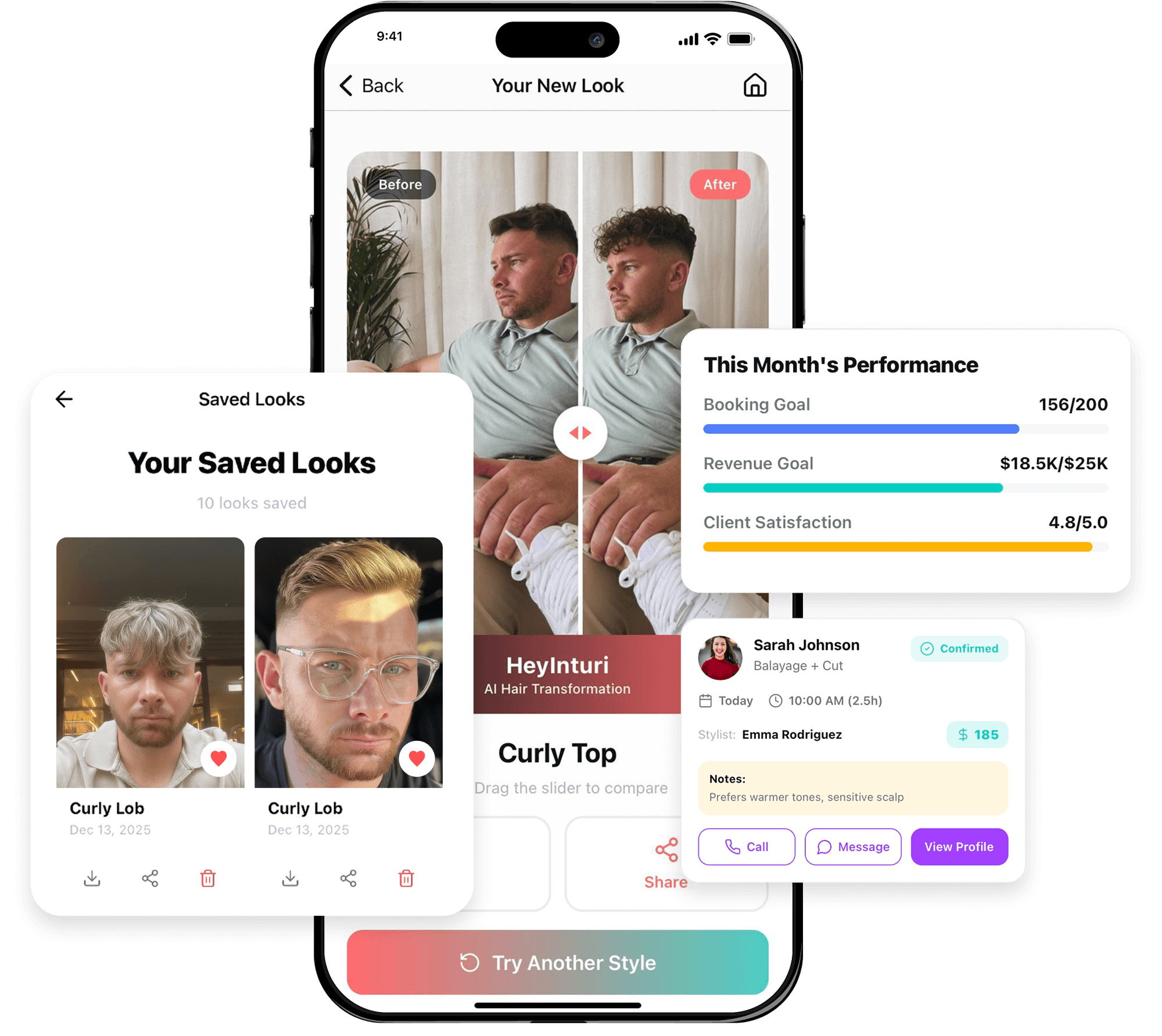 HeyInturi app showing an AR hairstyle before-and-after comparison on a phone